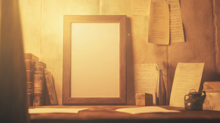 A warm, golden-hued room with soft lighting and an empty photo frame, surrounded by old letters and keepsakes, symbolizing the longing for past memoriesの素材
