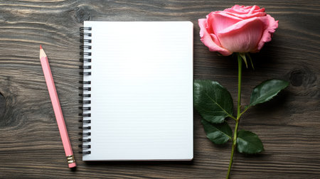 A single pencil next to an open notebook on a soft wooden surface, symbolizing the process of writing down new ideas, with space for textの素材