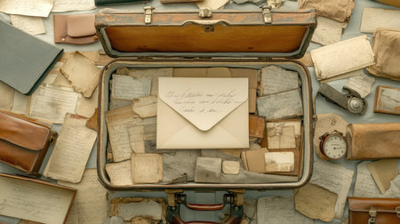 A vintage suitcase with an open letter, surrounded by old mementos and keepsakes, with space for a photograph, inviting reflection on travels and longingsの素材