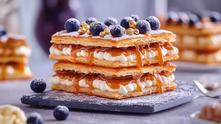 Beautifully styled mille-feuille pastry with caramel drizzle and edible gold sparkle. French luxury dessert space.の素材