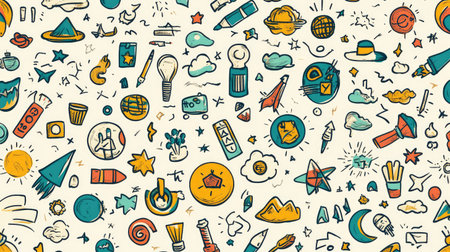 Clean white paper with colorful hand-drawn doodles, lines, and symbols representing creativity and innovation, leaving space for textの素材