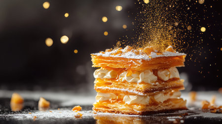 Beautifully styled mille-feuille pastry with caramel drizzle and edible gold sparkle. French luxury dessert space.の素材