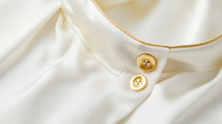 Close-up of satin blouse collar with golden button details on white background. Fashion product scene with clean copy area.の素材
