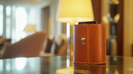Close-up of luxury keycard and leather holder placed on glass table beside designer decor. Hotel branding scene with space.の素材