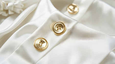 Close-up of satin blouse collar with golden button details on white background. Fashion product scene with clean copy area.の素材