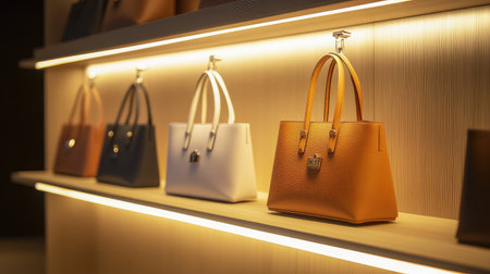 Collection of designer handbags lined up on illuminated shelf. Fashion boutique mood with soft lighting and space.の素材