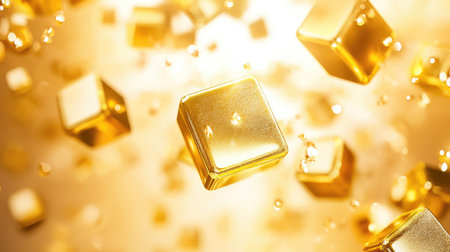 Composition of floating gold cubes and spheres in soft studio light, abstract premium backdrop with ample copy space.の素材