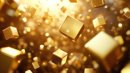 Composition of floating gold cubes and spheres in soft studio light, abstract premium backdrop with ample copy space.の素材
