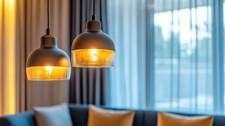 Detail of ambient lighting fixture with golden tones in modern luxury hotel. Warm light elegance with copy area.の素材