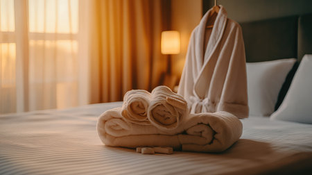 Close-up of hotel welcome setup bathrobe, towel, and slippers arranged on bed with soft natural light. Hospitality detail with space for branding.の素材