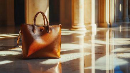 Designer handbag on marble floor with dramatic lighting and rich shadows, symbol of fashion prestige with ample space.の素材