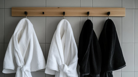 Elegant bathrobes hanging neatly on wooden hooks in hotel spa changing area. Cozy luxury moment with space.の素材