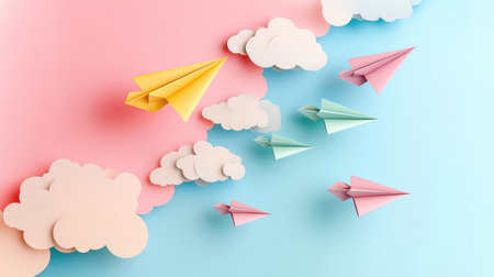 Colorful paper planes soaring in a sky of soft colors, representing the freedom and creativity of imagination, with ample space for copyの素材