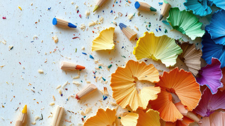 Colorful pencil shavings scattered on a light background, symbolizing the raw materials for creativity with room for branding or textの素材