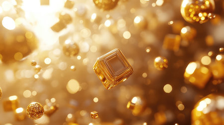 Composition of floating gold cubes and spheres in soft studio light, abstract premium backdrop with ample copy space.の素材