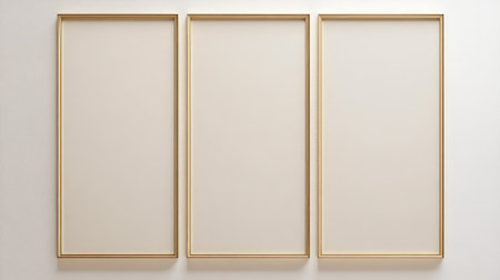 Elegant minimalist panel with champagne metallic frame on creamy backdrop, creating symmetry and copy spaceの素材