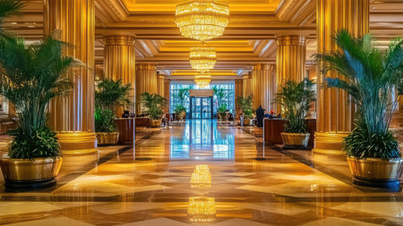 Elegant hotel lobby interior with golden chandelier, marble floors, and plush furniture in soft lighting. Grand space with luxury ambiance and copy space.の素材