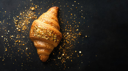 Croissant topped with edible gold flakes on a stone slab with dark background. Premium bakery item with space.の素材
