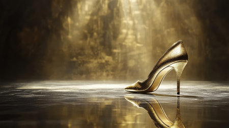 Glamorous gold heels on reflective runway with spotlight. Statement luxury fashion moment with space left clean.の素材