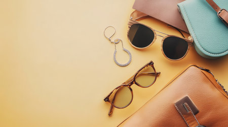 Fashion magazine mockup surrounded by stylish luxury items sunglasses, jewelry, leather bag. Flat lay with space.の素材