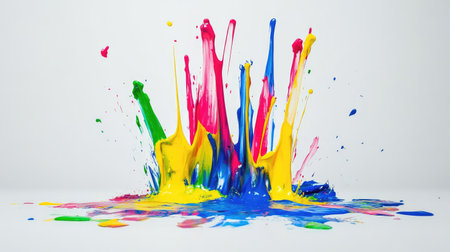 Dynamic fluid paint strokes in neon colors on a smooth white canvas, expressing energy and creative motion, leaving space for textの素材