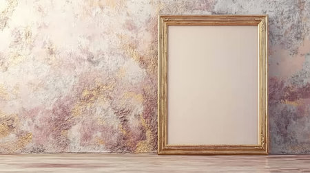 Glossy golden frame leaning against marble wall on luxury wooden flooring, perfect minimal design with copy space.の素材