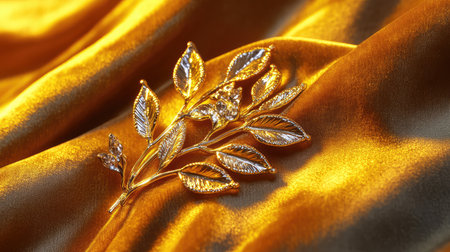 Designer brooch resting on luxury velvet with glowing spotlight. Classic fashion touch with clean background.の素材