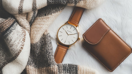 Flat lay of high-end fashion accessories gold watch, designer scarf, leather wallet on soft fabric. Sophisticated layout with copy space.の素材