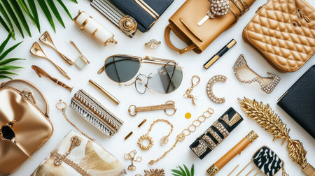 Fashion magazine mockup surrounded by stylish luxury items sunglasses, jewelry, leather bag. Flat lay with space.の素材