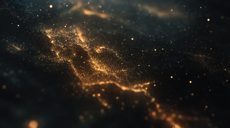 Fine golden particles glittering across a black background like scattered stars. Delicate, festive texture with space.の素材