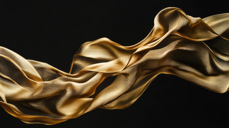 Fluid motion of golden silk caught in mid-air, floating on a clean dark background. Elegant and abstract with space.の素材