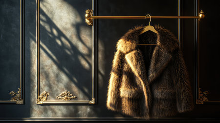 Fur coat hanging on a brass rack with dark background and spotlight. Winter fashion opulence with elegant negative space.の素材