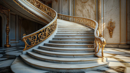 Elegant staircase with gold railings and marble steps in a palace interior. Wide open space for elegant copy.の素材
