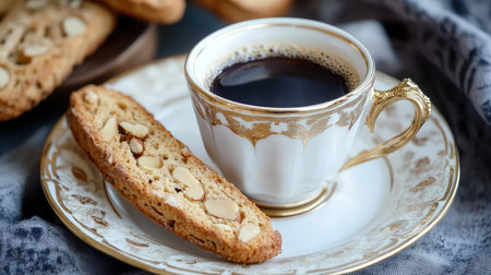 Fine espresso served in a porcelain demitasse next to almond biscotti on gold-rim saucer. Elegant table scene with space.の素材