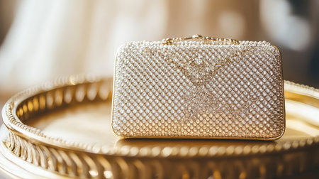 Fashion clutch with metallic design placed against soft background on golden tray. Classy and minimal with copy area.の素材