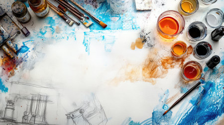 Flat lay of an artist's workspace with watercolor paints, brushes, and sketches, with clean background space for creativity-oriented contentの素材