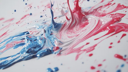 Fluid paint pouring across a white canvas, creating dynamic splashes and waves of color, offering space for creative messagesの素材