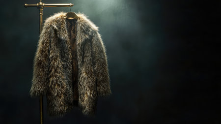 Fur coat hanging on a brass rack with dark background and spotlight. Winter fashion opulence with elegant negative space.の素材