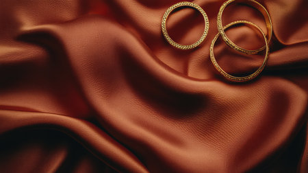Flat lay of premium silk fabric with gold jewelry scattered gently on top, minimal composition with blank space. No text, no people.の素材