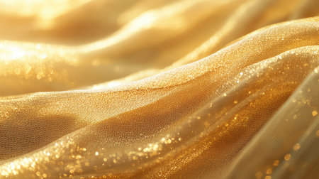 Golden mesh fabric in close-up, creating elegant textures with shimmering threads. Detailed backdrop with copy space.の素材