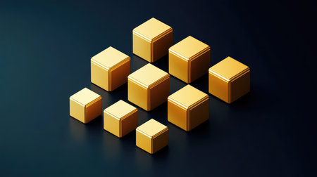Glossy D gold cubes aligned in a minimal isometric perspective. Geometric luxury look with space.の素材