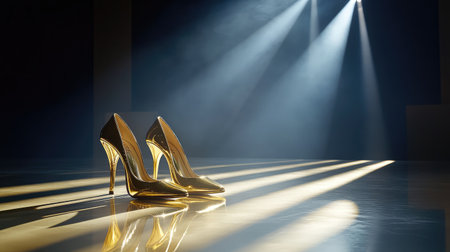 Glamorous gold heels on reflective runway with spotlight. Statement luxury fashion moment with space left clean.の素材