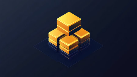 Glossy D gold cubes aligned in a minimal isometric perspective. Geometric luxury look with space.の素材