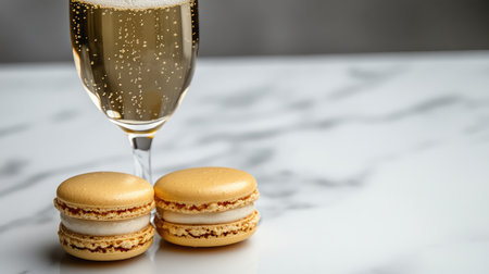 Glass of fine champagne next to delicate golden macarons on a white marble surface. Elegant pairing with copy space.の素材