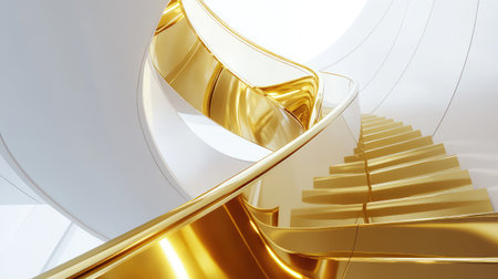 Golden spiral staircase in modern architectural interior with clean lines and reflective surfaces.の素材