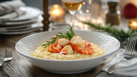 Golden risotto with lobster medallions in white round bowl, styled with minimal garnishes. Modern elegance with space.の素材