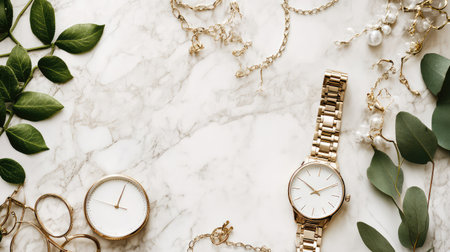 Gold jewelry and luxury watch styled on marble background. Minimalist high fashion editorial setup with ample blank space.の素材