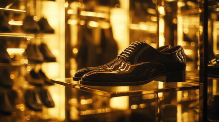 Opulent dress shoes on glass shelf in a luxury boutique setting with golden lighting. Fashion retail vibe with space.の素材