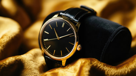 High-end wristwatch on velvet cushion, gold and black color palette, luxury lifestyle and fashion concept with space for overlay.の素材