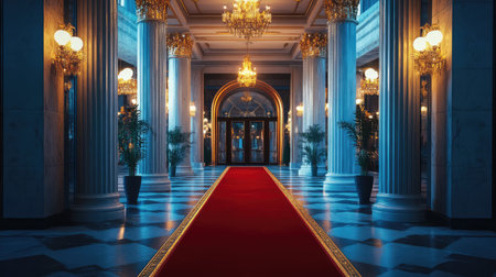 Grand hotel entrance with red carpet, marble columns, and luxury architecture under dramatic lighting. Classic elegance with copy space.の素材